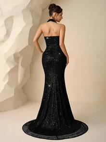 Coutiva Elegant Sequined Halter Neck Slim Fit Party Dress For Women,Luxury Sparkly Black Glitter Sequin Cocktail Birthday Graduation Wedding Guest Dress - Black - View 2