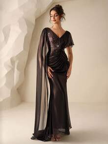 Coutiva 女士亮片拼接褶皱腰身飘逸优雅时尚连衣裙 - 咖啡棕 - 查看 6