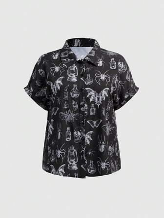 Damen Große Größen Gothic Totenkopf & Schmetterling Muster Vintage Lässig Hemd