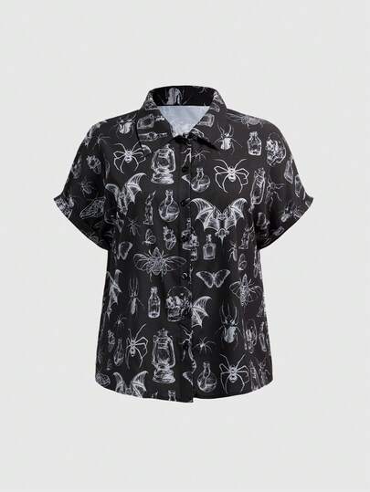 Damen Große Größen Gothic Totenkopf & Schmetterling Muster Vintage Lässig Hemd