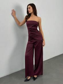 SHEIN Tall 春夏优雅通勤缎面酒红色不对称下摆抹胸上衣搭配简约宽松阔腿裤套装，优雅套装，新年女装，优雅女士套装，酒红色套装，酒红色套装，派对装，圣诞装，秋季女装 - 酒紅色 - 查看 6