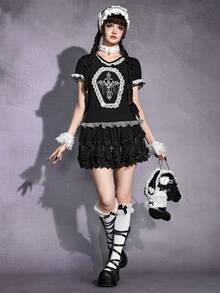 ROMWE Gothic Doll Cross Contrast Lace Bodycon T-Shirt - Black - View 1
