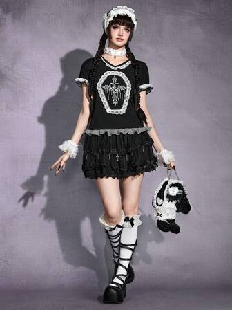 Gothic Puppen Kontrast Spitze Bodycon T-Shirt