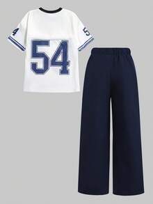 Girlism Tween Girl Numeric Print Short Sleeve T-Shirt And Drawstring Pants Casual 2-Piece Set Girls Outfit Sets Baggy Baseball Outfit Girl Outfit Set - Blue and White - View 2