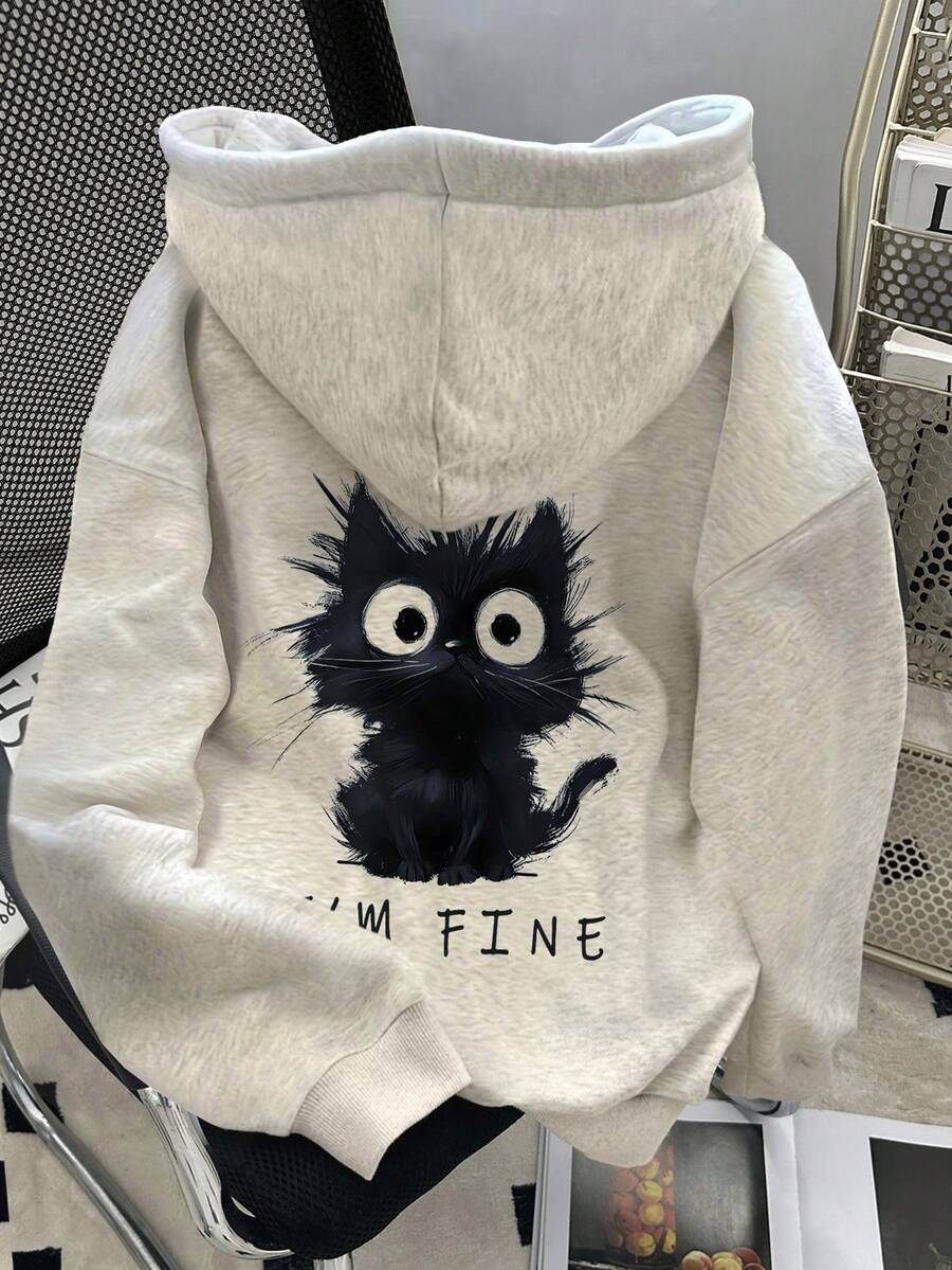 EMERY ROSE Plus Size Women Casual Cartoon Print Sweatshirt, Autumn/Winter - Light Grey - View 1