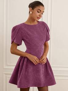 Revavyn Tulip 3D Short Sleeve Round Neck Hem Split Puff Skirt Mini Princess Dress For Women - Purple - View 3