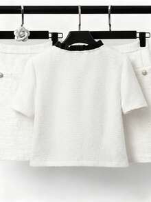 Chiquease 女士V领短袖毛衣，黑白撞色面料 - 黑與白 - 查看 4