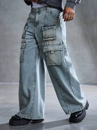 Street Life Pantalones vaqueros azules casuales y holgados con estilo utilitario para hombres