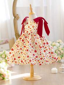 SHEIN Young Girl Ditsy Floral Slip Princess Dress,White Summer Party Flower Girl Dress,Woven Contrast Color Square Neck Cherry Dress For Kids Daily Wear - Hot Pink - View 15