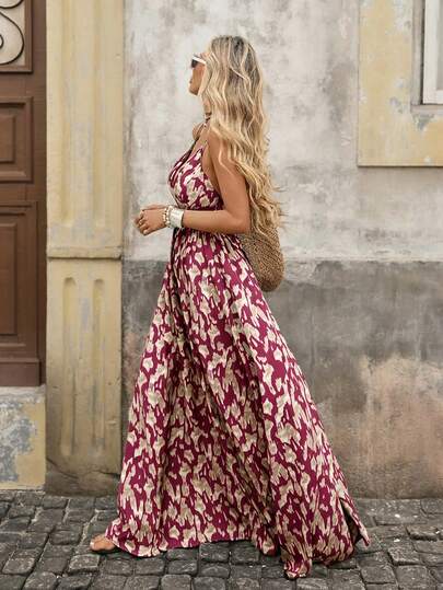 Brillora Ditsy Floral Deep V-Neck Sleeveless Waist Cinched Dress Women Vacation Dress Boho Maxi Dress Women Beach Long Dress,Plain/Plaid/Striped/Casual