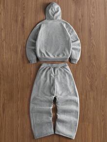 TOKVUE 男士保暖加厚字母印花长袖连帽衫和运动裤休闲套装，灰色两件套 - 灰色 - 查看 2