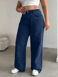 EURMUSE 100%Cotton HIGH RISE STRAIGHT CUT PLUS SZIE WOMEN JEAN - Dark Wash - View 4