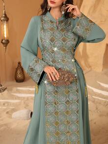 Al Najma Elegant Sequin Embroidery Side Tie Fitted Flare Sleeve Dress Kaftan Jalabiya Dress - Green - View 1