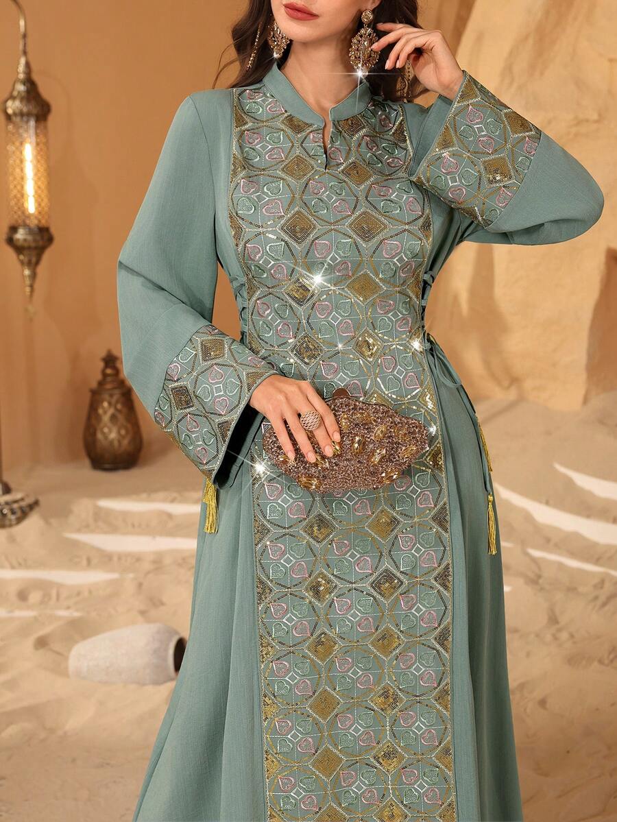 Al Najma Elegant Sequin Embroidery Side Tie Fitted Flare Sleeve Dress Kaftan Jalabiya Dress - Green - View 1