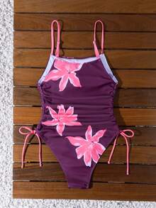 Swim Mod Women's Fresh Style Solid Light Yellow Graphic Print Adjustable Strap Side Drawstring One-Piece Swimsuit, Summer Beach Outfit - Multicolor - View 2