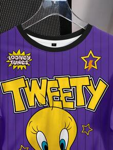 LOONEY TUNES X SHEIN Women's Casual Fashionable Street Cute Cartoon Letter & Stripe Print Short Sleeve T-Shirt, Summer - White - View 5