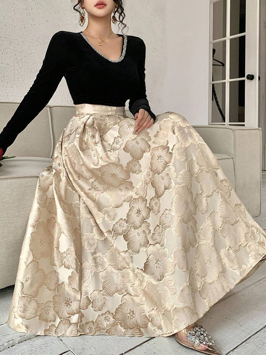 DAZY 女士印花A字褶裥半身裙，优雅半身裙 - 杏色 - 查看 1