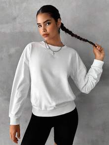 EURMUSE Cotton Solid Drop Shoulder Sweatshirt - White - View 3