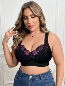 SHEIN 1 pieza Sujetador inalámbrico de encaje y parches para tallas grandes - Negro - Ver 7