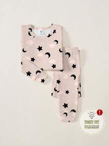 Tween Girls Pajamas-Pajama Set Light Pink Star Moon Cloud Print Round Neck Long Sleeve Top With Long Pants Comfy Loungewear Four Season Sleepwear 2026 New Year Essential Snug Fit - Multicolor - View 4