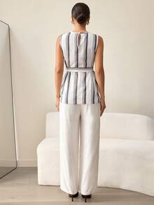 MaterniWear Two-Piece Maternity Set, Elegant Summer Office Wear, Featuring A Black And White Striped Backless Camisole Paired With Adjustable-Waist Wide-Leg Trousers; Pure Cotton Trousers. Comfortable And Breathable, With An Adjustable Elastic Waistband. Maternity Set, Summer Maternity Wear, Maternity Wear. - Black and White - View 2