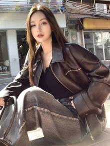 DAZY 女士PU皮革纯色休闲长袖百搭街头风外套 - 黑色 - 查看 3