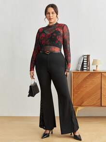 Maija Plus Size Women Rose Floral Sheer Blouse, Long Sleeve Fitted Top Spring To Summer Spring Outfit Womenvalentine's Day Carnival Fasching Women Costume Party Beach Wedding Vacation Casual - Red - View 6