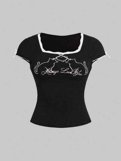 ROMWE Kawaii Y2K Sexig Söt Katt Mönstrad Crop Top