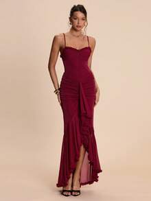 SHEIN BAE Đầm slip dáng đuôi cá màu đỏ xếp ly, thanh lịch và gợi cảm, thích hợp cho tiệc cocktail, hẹn hò lãng mạn, họp mặt, sự kiện trang trọng, váy phù dâu, đi chơi đêm, ngày Valentine, mùa xuân/hè. - Đỏ - Xem 3