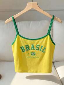 Comfortcana Women's Summer Brazil Letter Graphic Contrast Binding Crop Cami Top - Yellow - View 5