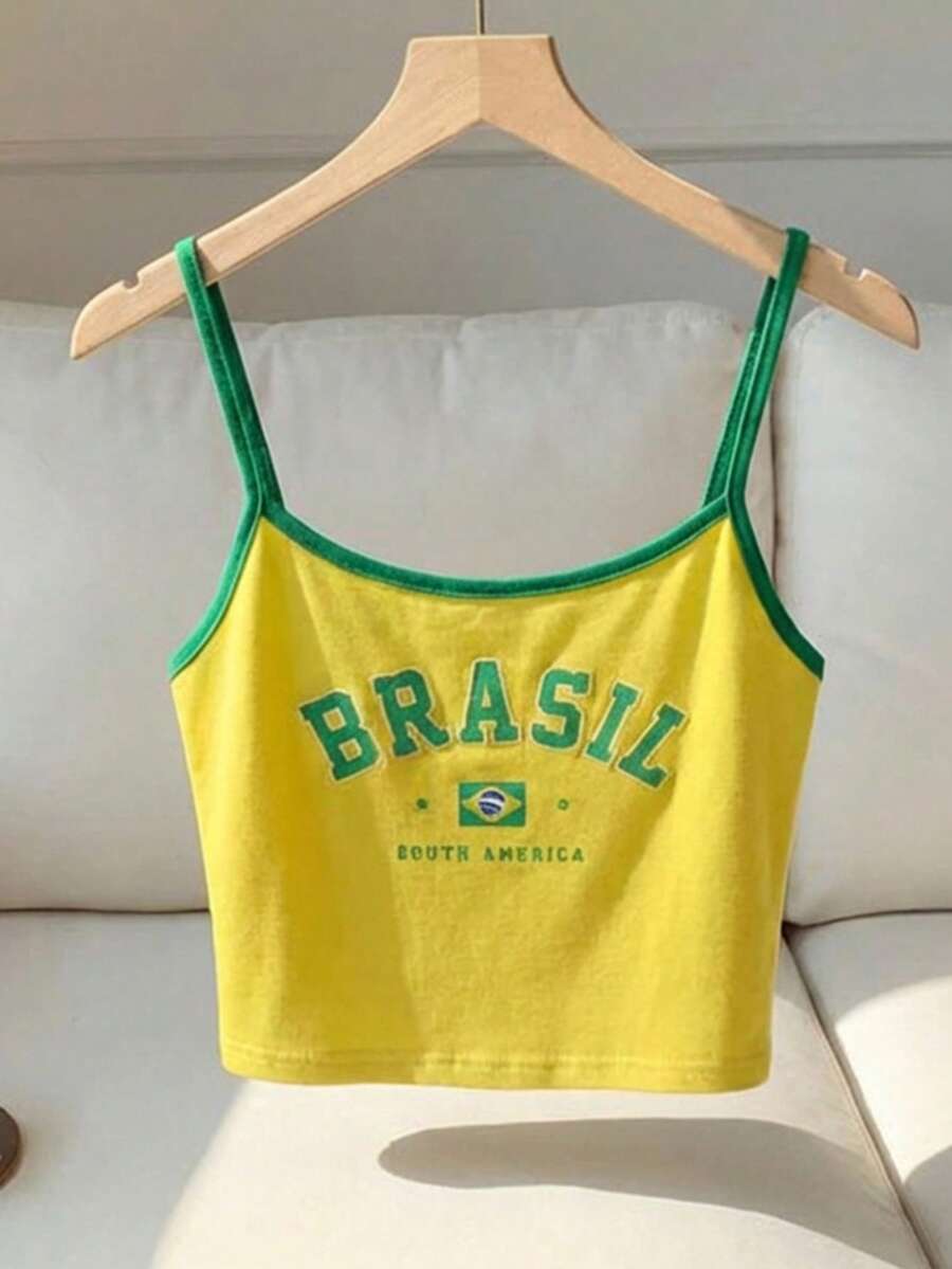 Comfortcana 女士夏季巴西字母图案撞色包边露脐吊带背心 - 黃色 - 查看 1