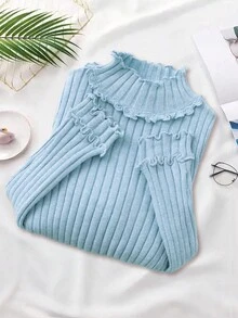 Franclia Áo len dệt kim gân nổi thanh lịch với viền bèo nhún, tay dài - Màu xanh nhạt - Xem 5