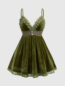 ROMWE Hippie Đầm slip cỡ lớn dành cho nữ, chất liệu nhung Pháp, viền ren. - màu xanh lá - Xem 5