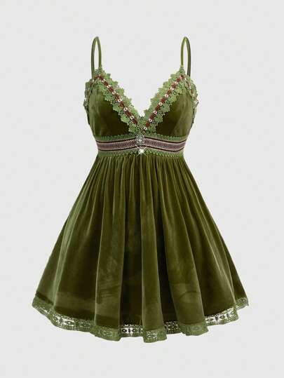 Hippie Vestito da donna in velluto francese con bordo in pizzo, taglie comode