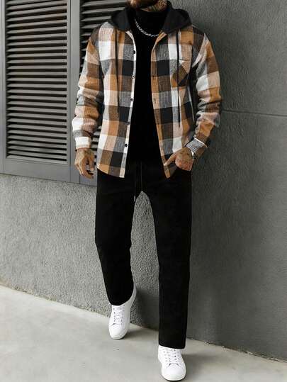 Manfinity CasualCool 男士时尚简约格纹抽绳连帽外套和裤子休闲套装