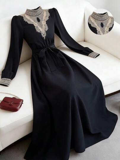 Franclia 女士长款连衣裙，刺绣拼接复古设计