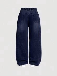 EURMUSE Plus Size Women Pockets Loose Fit Casual Versatile Denim Jeans - Dark Wash - View 2
