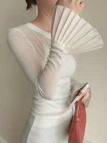 DAZY Women's Elegant 2 In 1 Splice Shoulder Long Sleeve T-Shirt, Fitted, Suitable For Spring & Summer - White - View 3