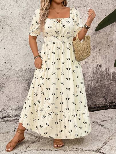 Breezaya Women's Spring/Summer Off-White Bow Tie Floral Print Dress, Square Neck, Puff Sleeves, Fitted Waist Design, Elegant Long Dress For Dates, Vacations, And Travel