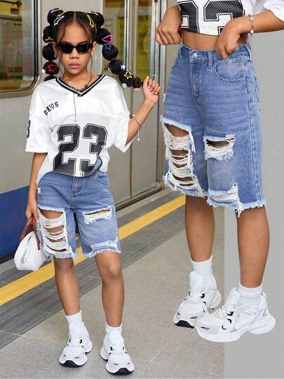 SHEIN Tween Girls Fashion Casual Y2k Vintage Cool Street Spring And Summer Cool Blue Cut Out Ripped Frayed Design Loose And Comfortable Denim Shorts For Tween Girl Clothes Tween Girls Dailywear And Tween Girl Spring To Summer Rave Outfits Festival And Outfits Streetwear Clothes