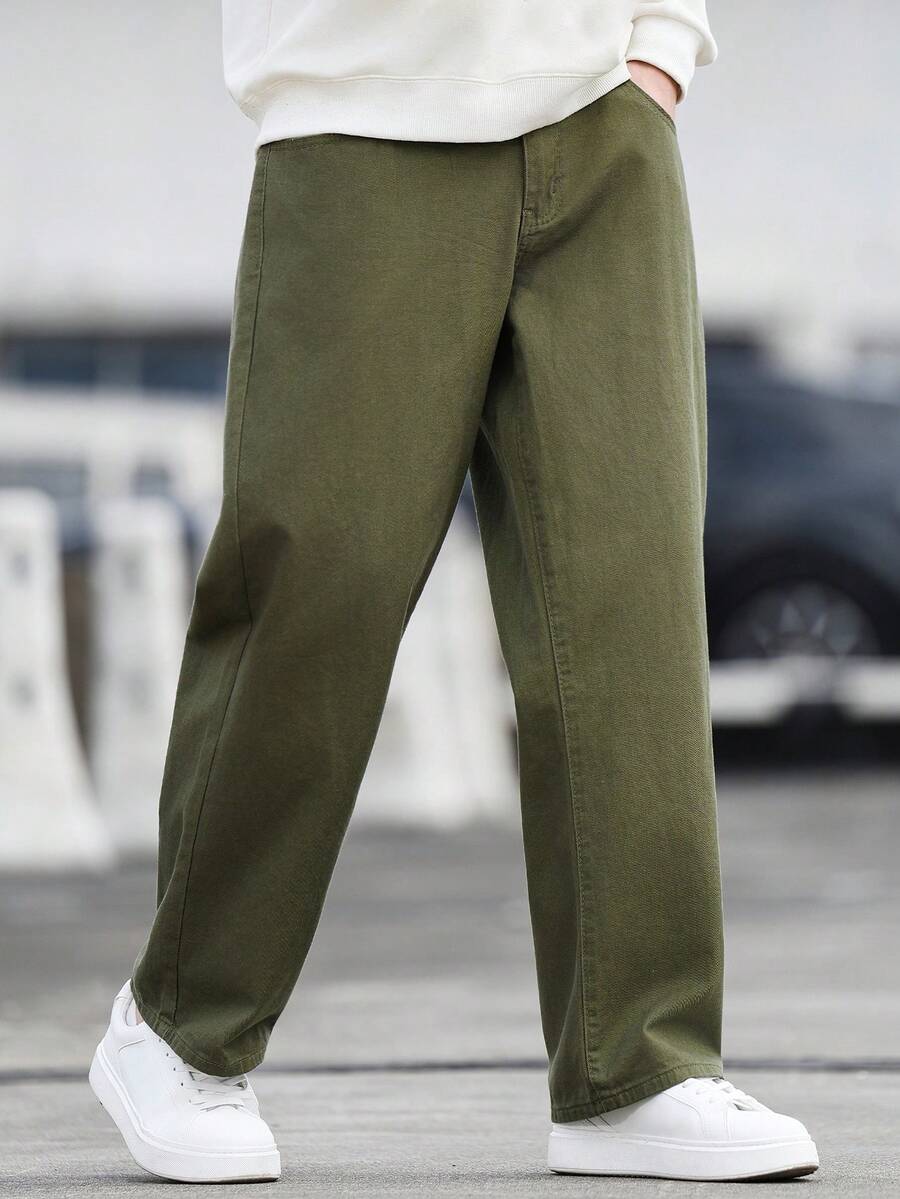 Manfinity Hypemode Men's Pocket Button Casual Commuter Denim Jeans Japanese Pants Olive Green Pants Men - Army Green - View 1