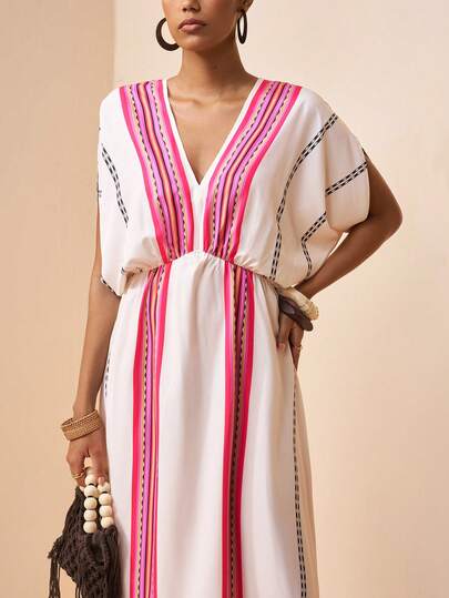 Zivah 2026 Spring/Summer New Arrival Music Festival, Easter, St. Patrick's Day, Valentine's Day, Date, Western, Nomadic, Birthday Party, Graduation, College Style, Student, Daily Casual, Basic Versatile, Leisure, Vacation, Cruise Travel, Beach, Sunbathing, Viral , Streetwear, Wedding Guest Boho, Commute, Brunch, Airport, Party, Holiday Outing, Office Wear, Elegant V-Neck Short Sleeve Long Waist Ruched A-Line Floral Print Maxi Dress Plus Size Resort Wear Plus Size Vacation Dres