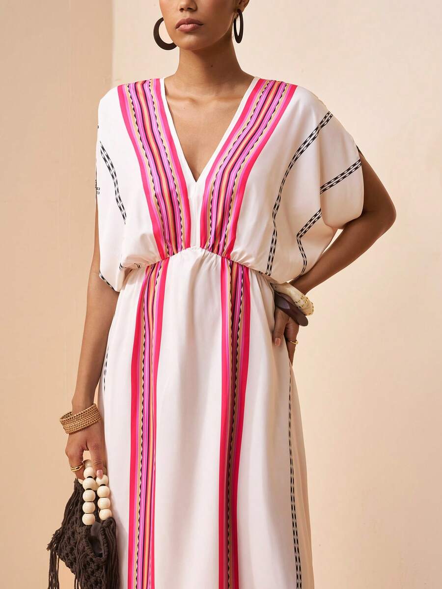 Zivah 2026春夏新品音乐节、复活节、圣帕特里克节、情人节、约会、西部风、游牧风、生日派对、毕业典礼、学院风、学生装、日常休闲、百搭基础款、休闲、度假、邮轮旅行、海滩、日光浴、爆款、街头风、婚礼宾客波西米亚风、通勤、早午餐、机场、派对、假日郊游、办公装、优雅V领短袖长腰褶皱A字印花长裙 - 杏色 - 查看 1