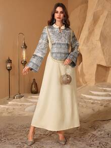 Al Najma Turkish/Arabic Style New Women's Embossed Jacquard Splice Beaded Resort  Turkish Long Dress Kaftan Jalabiya Dress - Apricot - View 5