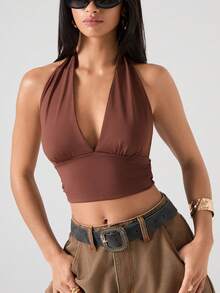 LYSMO Solid Backless Crop Halter Top - Chocolate Brown - View 3