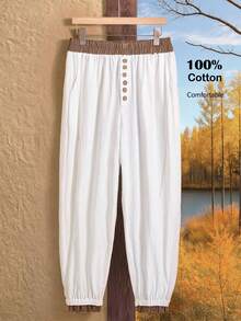 Rusticease Plus Size Women's Fall/Early Spring Casual Fashion Vacation Vintage Casual Country Patchwork Contrast Color Ruffle Button Decor White Pants With Pockets, , Plus Size  Suitable For Early Spring, Going Outs,2026 New ,Simple And Fashionable For Everyday Wear, White Beach Pants, Women Summer Pants, Vacations Women ,Holidays For Women, Spring Women, Valentine's Day ,Valentines For Women, - White - View 8