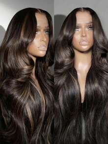 13x4 预剪预拔预漂深棕色焦糖色挑染 Yaki 蓬松波浪假发，带抽绳，无缝发际线，透气帽，混色透明蕾丝，100% 真人发，可染色 - SNATURAL/27 - 查看 2