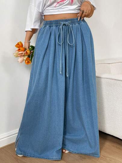 Sunnyshic سراويل جينز طويلة الساق ذات قصة واسعة وخصر عالي للنساء ذوات الأحجام الكبيرة