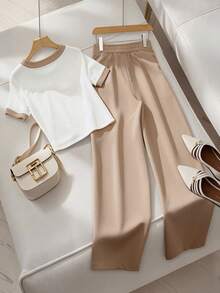 Franclia This Women's Casual Round Neck T-Shirt With Contrasting Trim And Pearl Buttons, Paired With Solid-Color Casual Suit Trousers, Is A Two-Piece Set Suitable For Everyday Wear, A French Style, And Commuting. It's A Summer Set, Women's Summer Outfit, Summer Top, Spring Outfit, Spring Break Outfit, And Spring Clothing. - Apricot - View 2