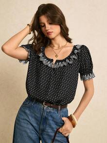 Poéselle 女士休闲衬衫，荷叶边下摆，泡泡袖 - 黑與白 - 查看 6